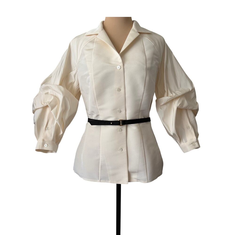 Carolina Herrera Cream Silk Faille Puffy Blouson Sleeve Belted Blouse size US 8